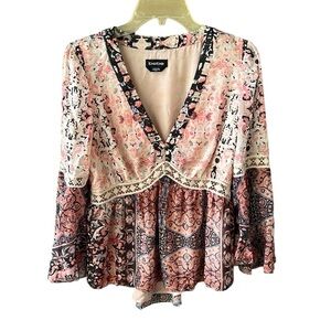 Bebe Sz M Babydoll Romantic Chiffon Mixed Floral Flouncy Retro Blouse Top